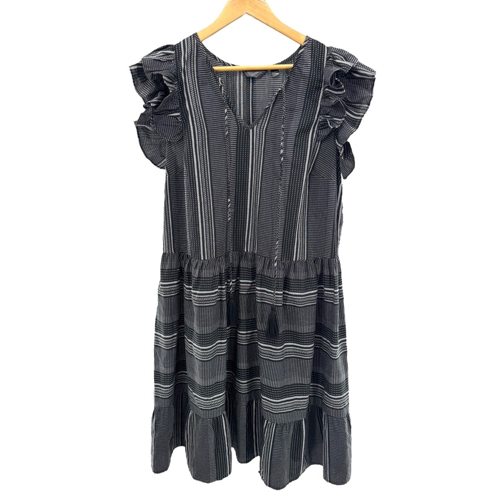 Accessorize London Ruffle Sleeve Tiered Black White Cotton Dress UK‎ 16 US 12